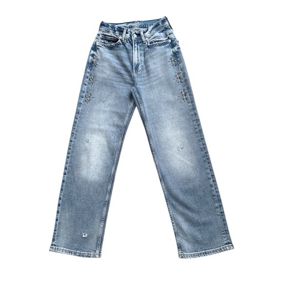 ARIZONA Womens Size 0 Highest Rise Vintage Straight Destroyed Studded Blue Jeans - Picture 1 of 9
